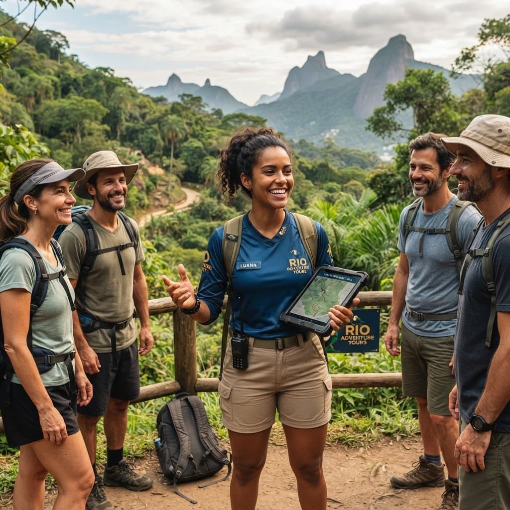 Guia de turismo de aventura orientando um grupo de turistas antes de um passeio no Brasil