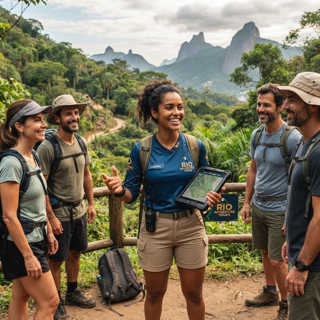 Guia de turismo de aventura orientando um grupo de turistas antes de um passeio no Brasil